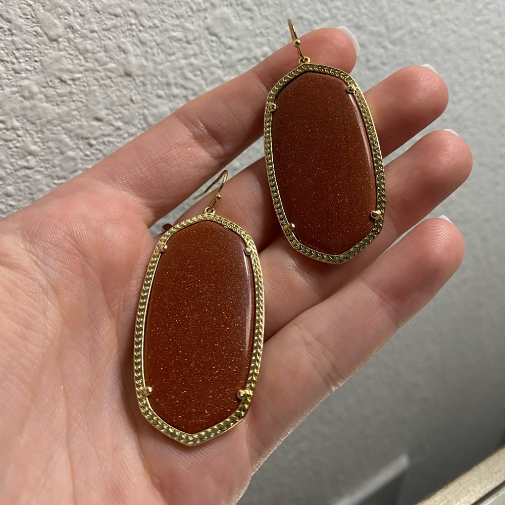 Large Gold Kendra Scott Earrings with Shimmery Burnt Orange Stones